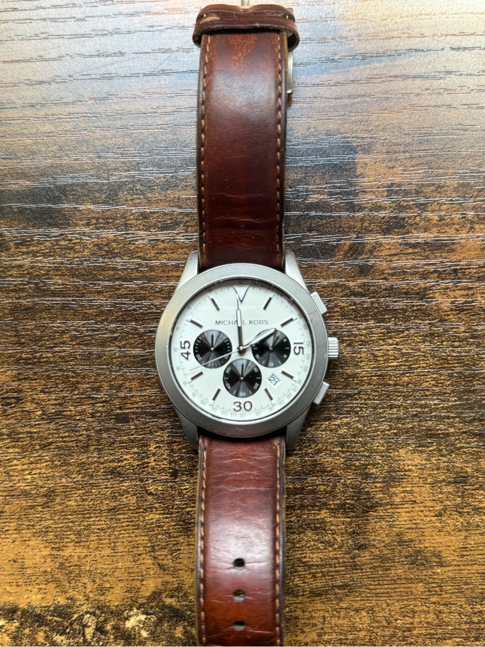 Michael Kors Silver Case Watch with Brown Leather Strap